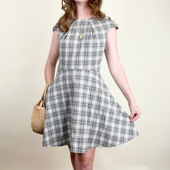 Anthropologie Plaid Mini Midi Dress Fit & Flare Retro Pleat Mid Century MCM Cute - Picture 7 of 7